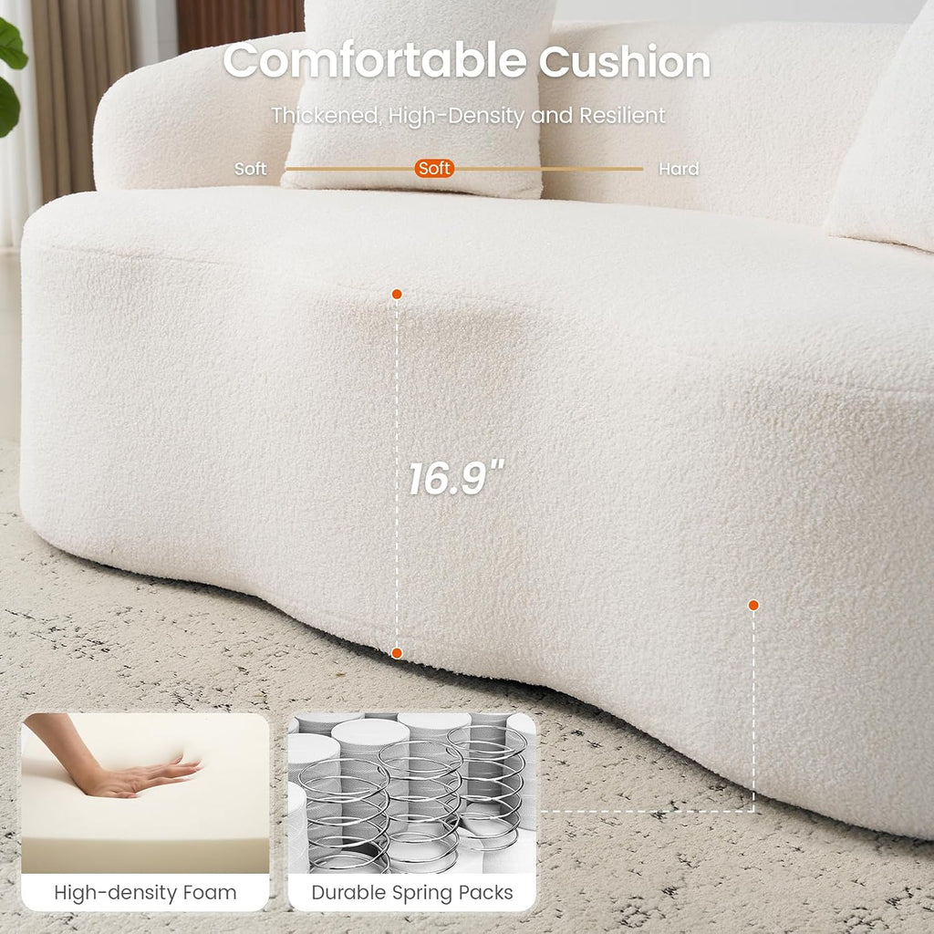 72” Curved Loveseat Sofa, Modern Teddy Boneless Couch with 2 Pillows for Small Spaces Living Room Bedroom, No Assembly Required (Cream White)