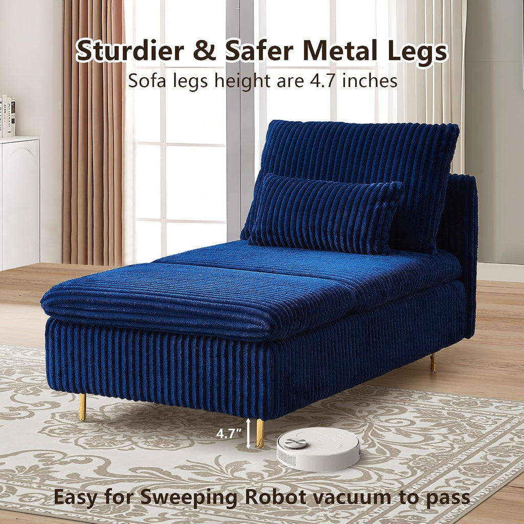 Chaise Lounge Chair Indoor 62.6" Upholstered Recliner Sofa Blue | Corduroy Modern Sofas with Support Pillow, Golden Metal Legs Sleeper Sofa for Bedroom, Living Room, Office