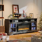70" Farmhouse TV Stand with 36" Fireplace for TVs up to 80", Media Entertainment Center with Adjustable Shelves and Large Storage Cabinets, for Living Room, Gray & Black