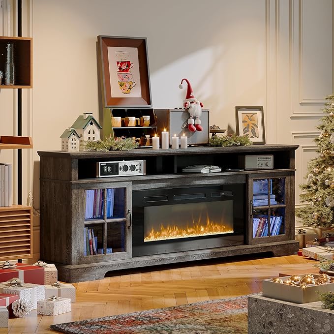 70" Farmhouse TV Stand with 36" Fireplace for TVs up to 80", Media Entertainment Center with Adjustable Shelves and Large Storage Cabinets, for Living Room, Gray & Black