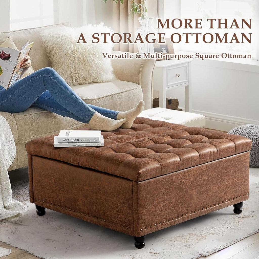36" Large Square Ottoman with Storage, Tufted Upholstered Storage Ottoman with Lift Top & Solid Legs for Bedroom Room, Extra Large Coffee Tables Bench for Living Room as Footstool (Brown)