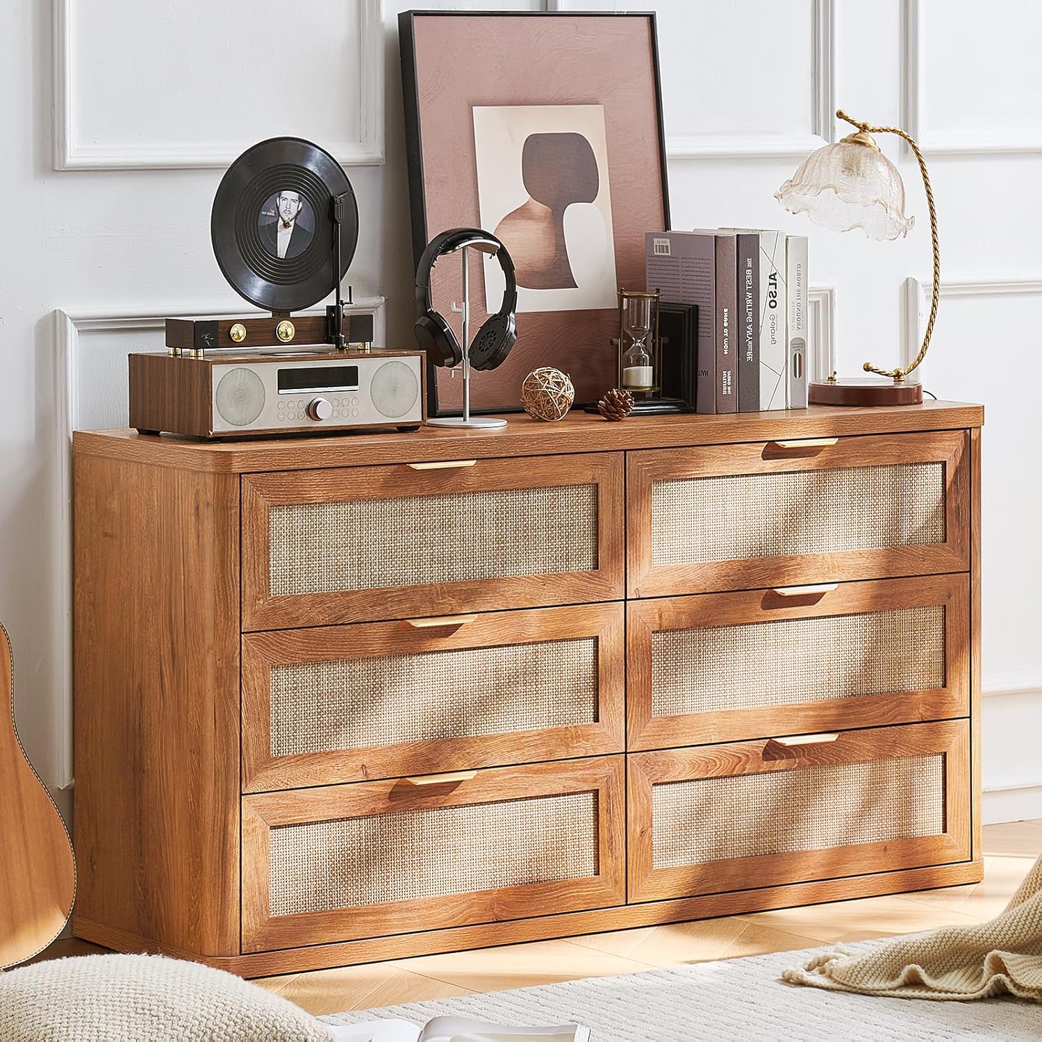LEYAOYAO Rattan 6 Drawer Dresser for Bedroom, 54" Wide Boho Chest of Drawers, Wooden Dressers TV Stand with Metal Handle, Storage Closet Organizer for Living Room, Hallway, Tea Brown