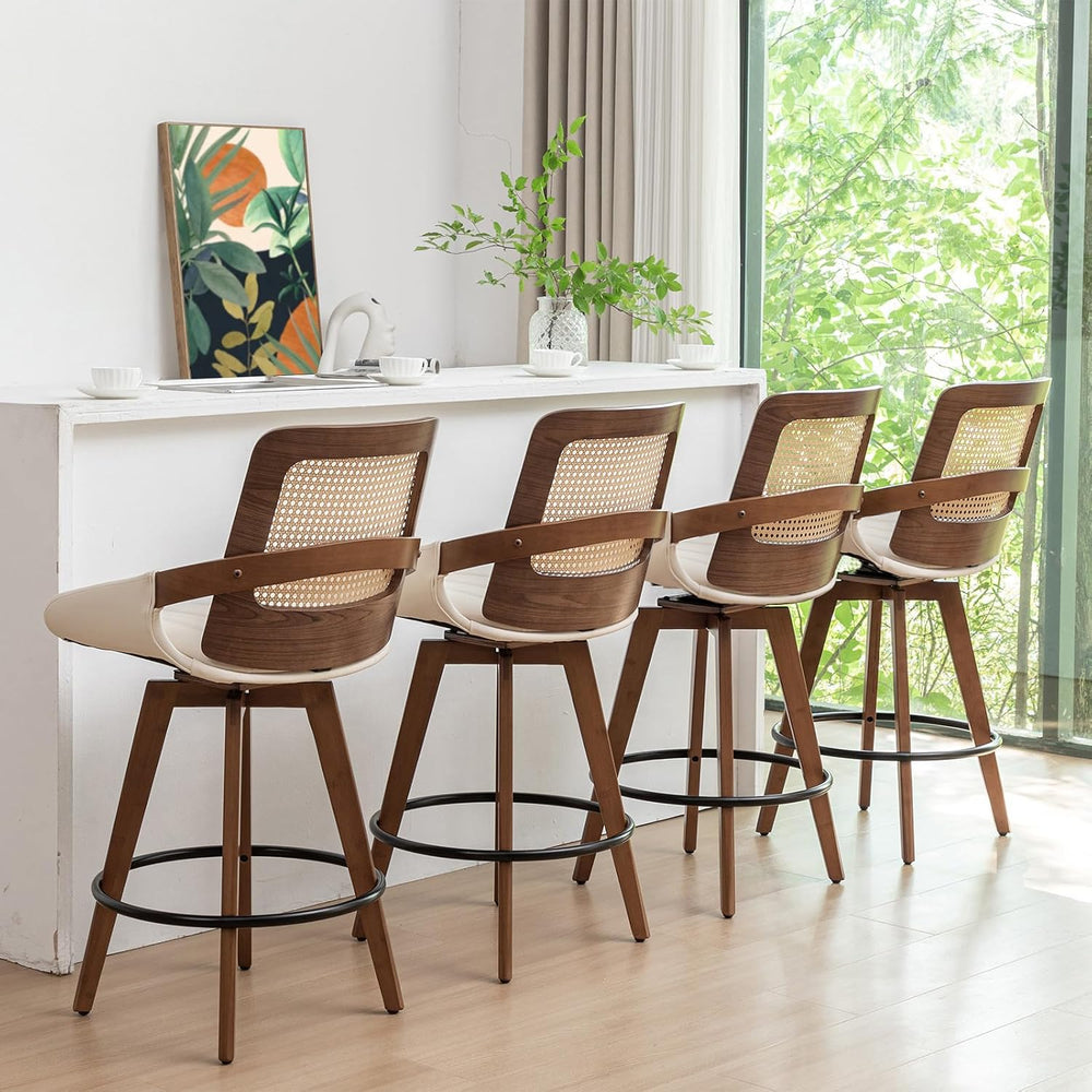 Mid Century Modern Counter Stools, Rattan Swivel Counter Stools with Back | N...