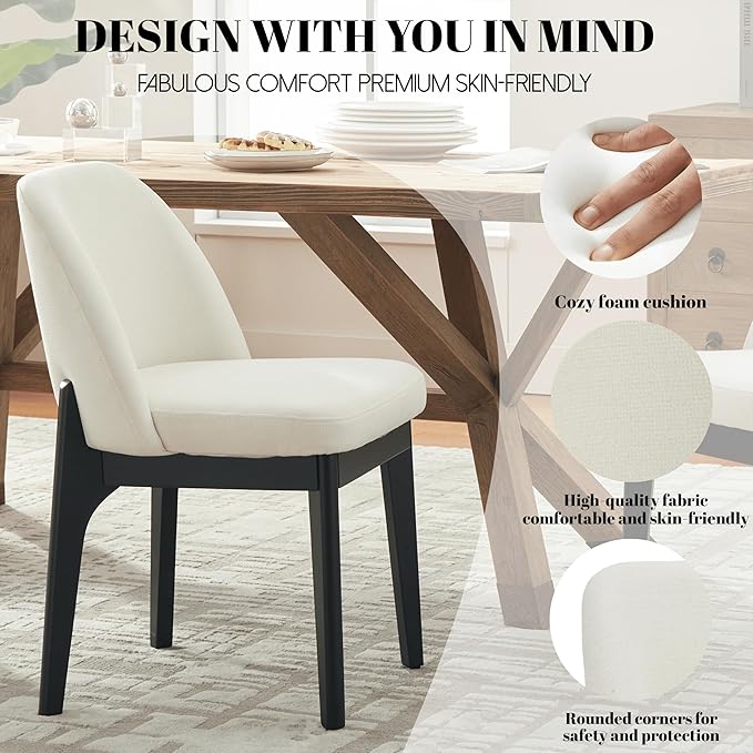 VKNOW Wooden Dining Chairs Set of 6, Upholstered Dining Room Chairs with Rubberwood Legs and Padded Seats, Kitchen Chairs for Restaurant Kitchen Living Room, Ivory White