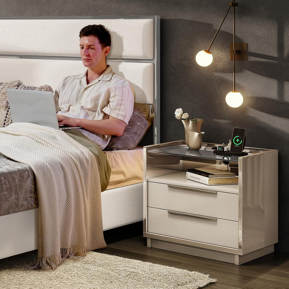 AMERLIFE 23.6" Nightstand Set of 2, Modern Bedside Table, Cream & Gr...
