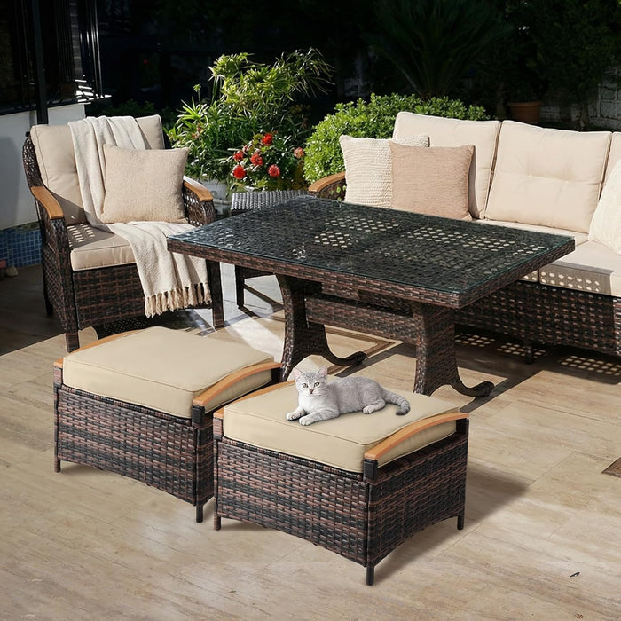 VINGLI 2 Pieces Rattan Ottoman with Storage, Wicker Patio Furniture w/Removable Cushion, Multipurpose Footrest Stool for Outdoor (Brown)