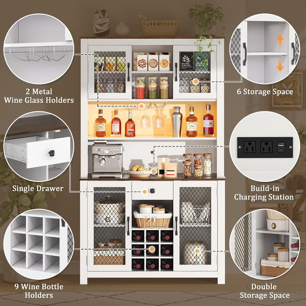 70.9" Kitchen Pantry Rustic Buffet Cabinet, Kitchen Hutch Cabinet with LED Outlets Food,Doors and Shelves Wine Rack for Dining Room (White-LED)