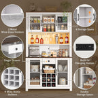 70.9" Kitchen Pantry Rustic Buffet Cabinet, Kitchen Hutch Cabinet with LED Outlets Food,Doors and Shelves Wine Rack for Dining Room (White-LED)