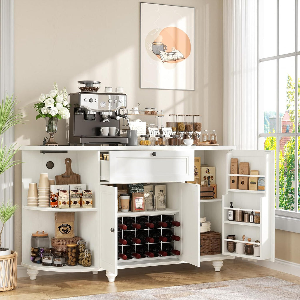 55" White Freestanding Coffee Bar Cabinet with Charging Station, Wine Rack, Drawer, Modern Liquor Wine Cabinet Home Mini Bar Sideboard Buffet Cabinet for Kitchen Dining Living Room Small Space