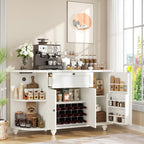 55" White Freestanding Coffee Bar Cabinet with Charging Station, Wine Rack, Drawer, Modern Liquor Wine Cabinet Home Mini Bar Sideboard Buffet Cabinet for Kitchen Dining Living Room Small Space