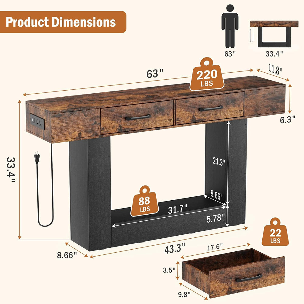 63" Long Console Table with LED Lights & Charging Station,2-Tier Ent...