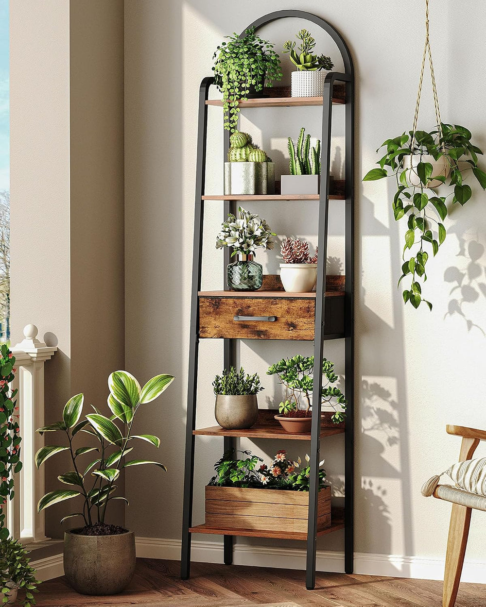CHOEZON 5 Tier Ladder Shelf with Drawer, Tall Ladder Bookshelf, Standing Book...