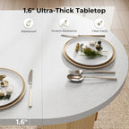 IRONCK 71" Oval Dining Table with Hidden Storage, Oak | Faux quartz-pattern laminate top, dual-sided cabinets, fluted engineered-wood base, and 397 lb capacity.