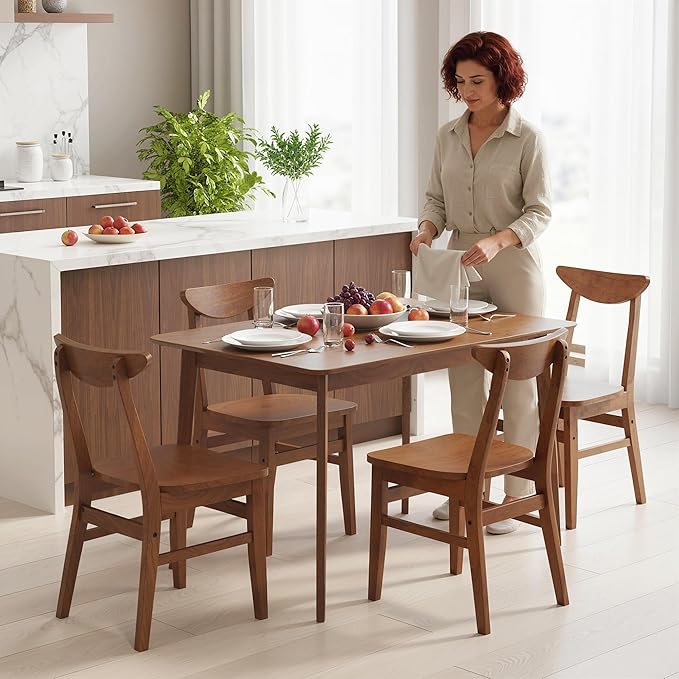 HOMCOM 5-Piece Solid Wood Dining Table Set for 4, Modern Farmhouse Kitchen Table and Chairs for Small Space, Dining Room, Breakfast Nook, Walnut