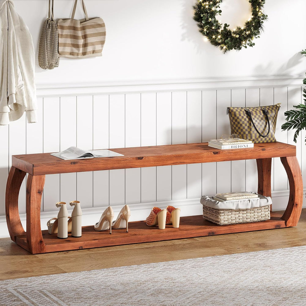 2-Tier Solid Wood Entryway Bench, 59" Long Farmhouse End of Bed Bench wi...
