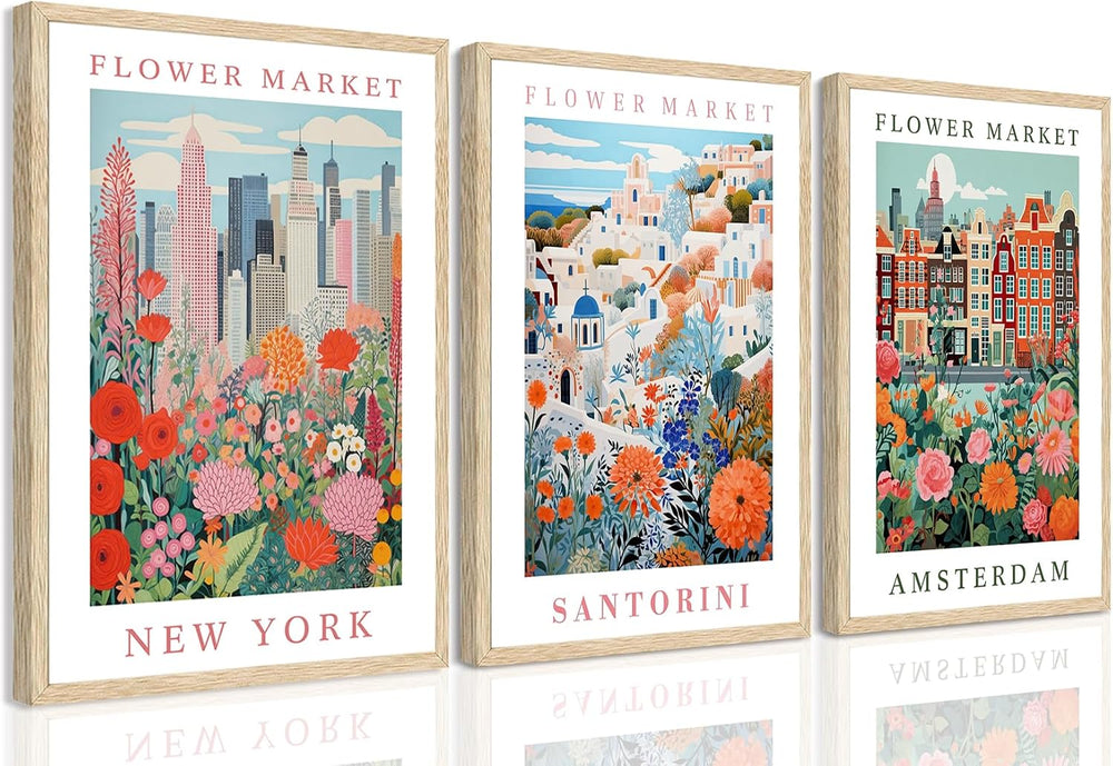 YUFEIART 3 Piece Colorful Flower Market Framed Wall Art Set of 3 12x16
