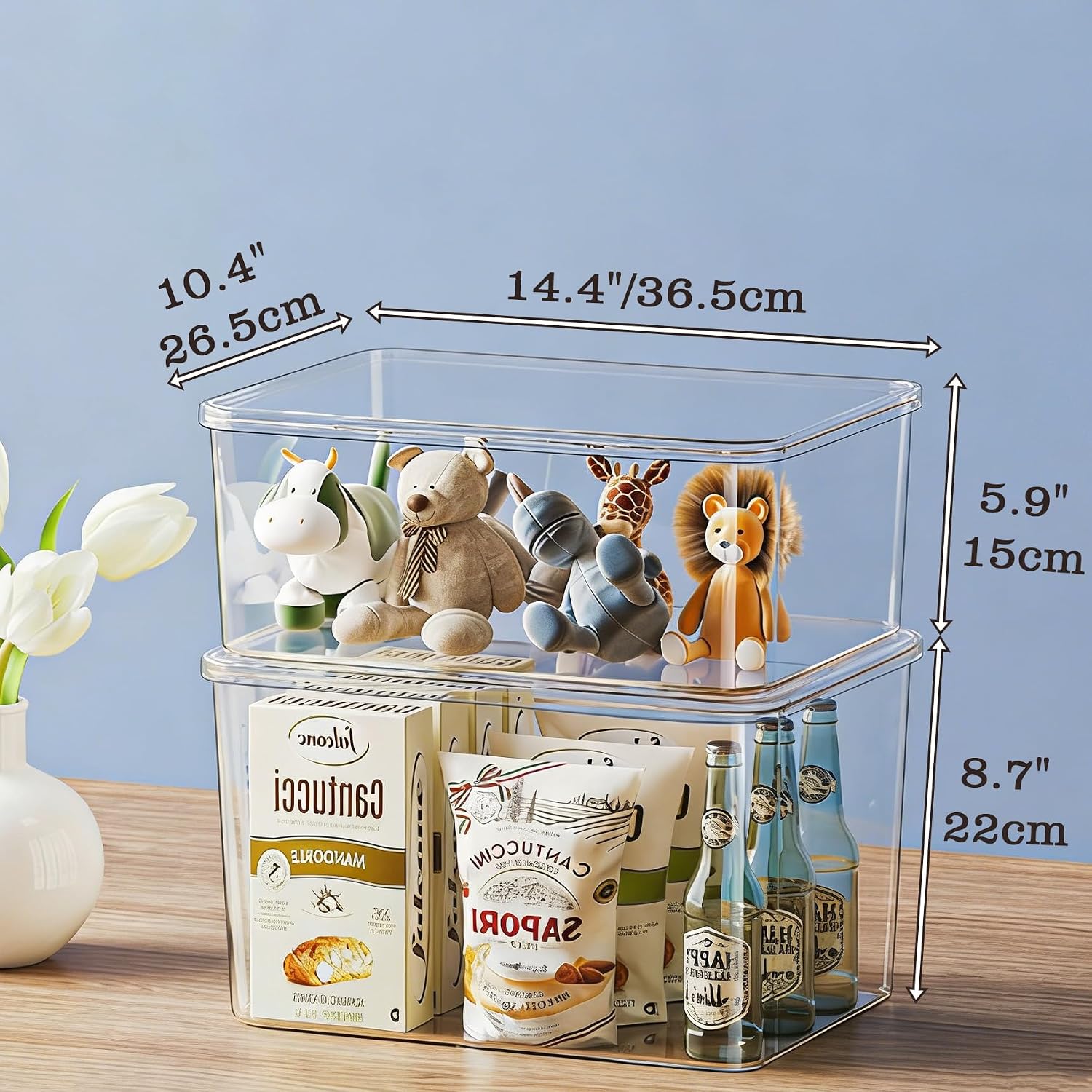 Clear plastic storage bins with LIDS,storage containers for snacks, cosmetics, books, dog food, Storage Organizer for Nursery，Kitchen, Living room,Bedroom, Bathroom, Office(clear, 2XL+2L)