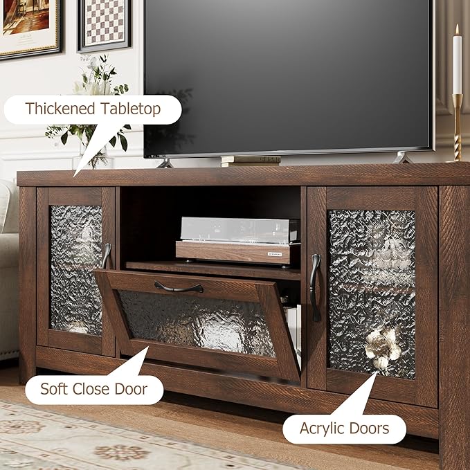 Garvee Farmhouse TV Stand for 55 Inch TV, Entertainment Center with Acrylic Door & Adjustable Shelves, Sideboard Buffet Storage Cabinet for Living Room Bedroom, Rustic Brown