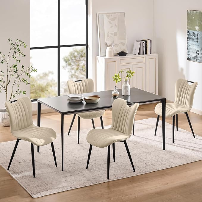Leather Upholstered Dining Chairs Set of 6, Mid-Century Modern Kitchen Dining Room Chairs with Black Metal Legs, Armless Faux Leather Accent Kitchen Side Chairs Dinner Chairs, Beige