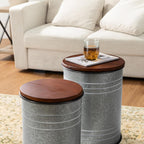 Glitzhome Nesting Tables for Living Room, Round Coffee Tables Set of 2, Metal Farmhouse Small Accent End Table with Storage and Lid for Bedroom Office Plant Stander, Grey