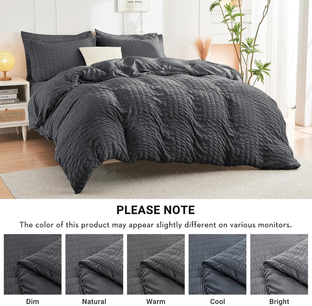 Queen Comforter Set - 7PCS Bed in a Bag, Seersucker Bedding Set, Dark Grey