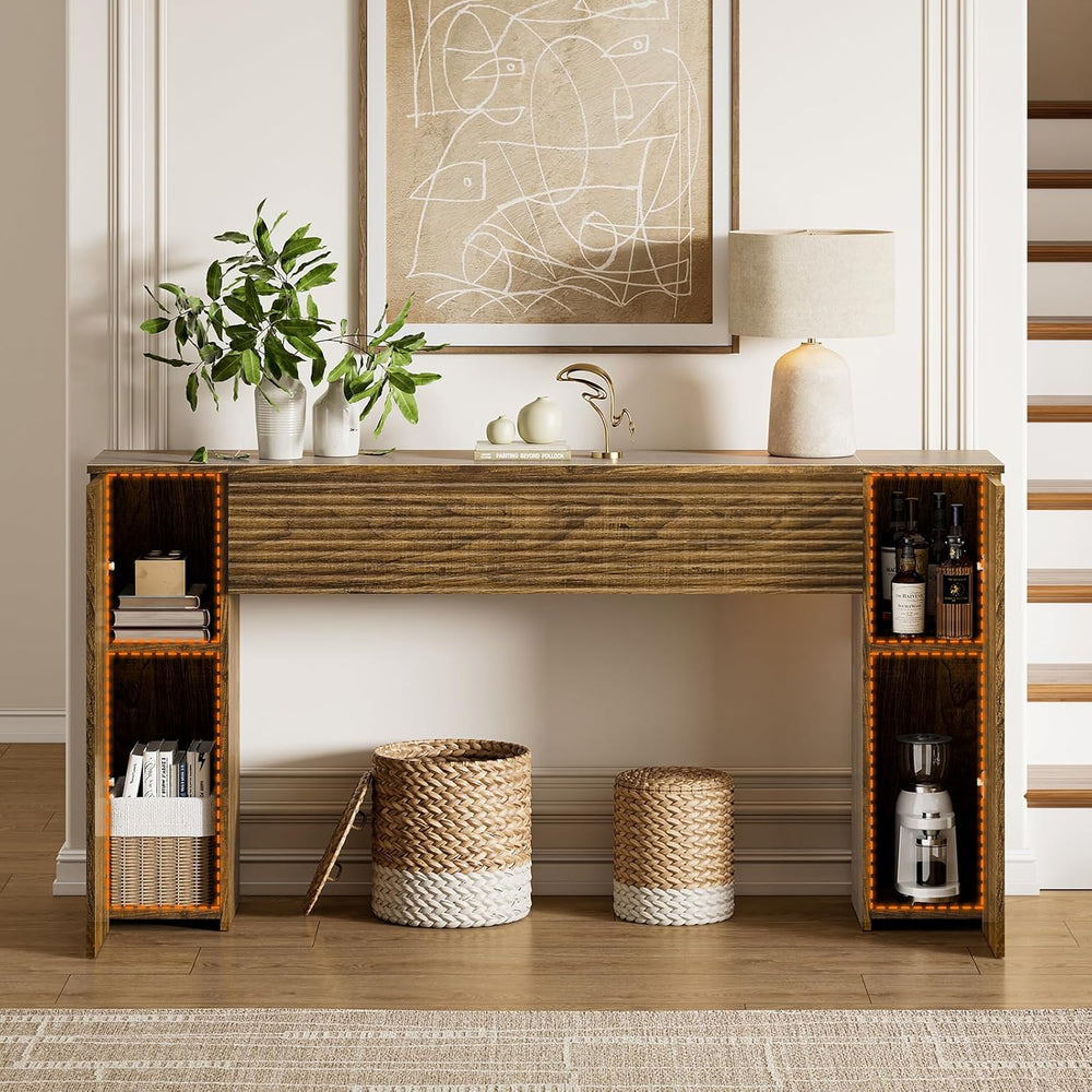 FABATO 61'' Fluted Long Console Table, Wooden Rectangular Sofa Table ...