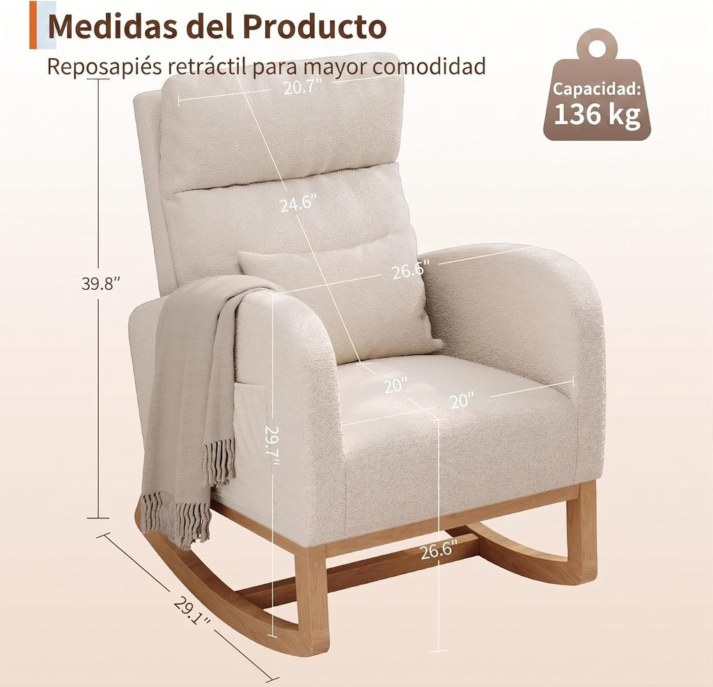 Garvee Rocking Chair, Teddy Fleece Glider Chair with Side Pockets, Nursery Chair with Pillow, Rocking Accent Armchair for Living Room Bedroom Nursing Room, White