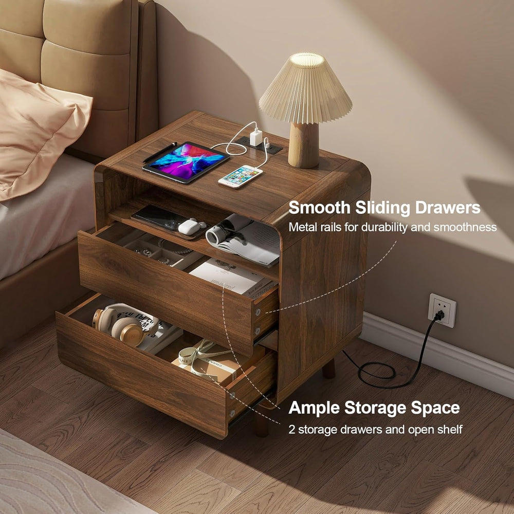 Nasonet Mid Century Modern Nightstand with Charging Station, Wood Bedroom End...