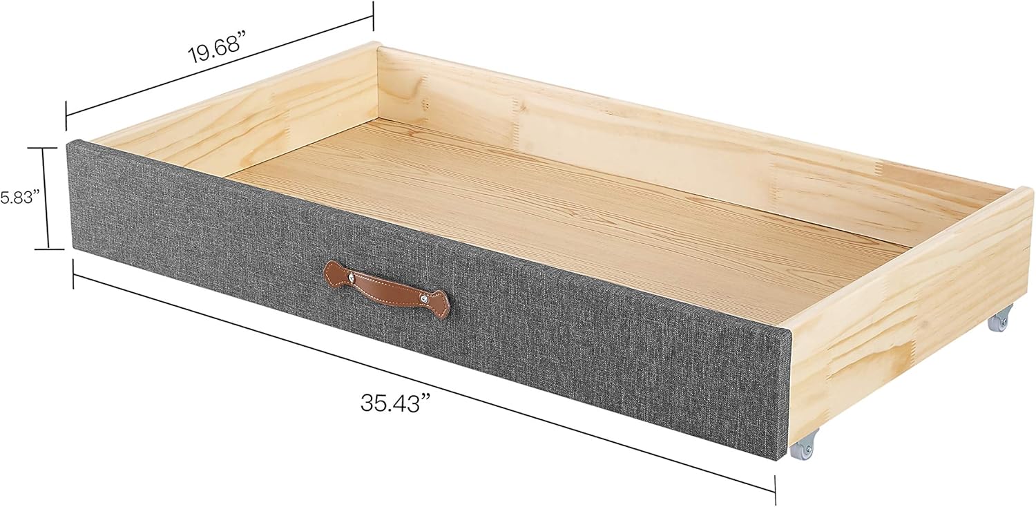 MUSEHOMEINC Upholstered Solid Wood Under Bed Storage Drawer with 4-Wheels for Bedroom/Leather Handle,Wooden Underbed Storage Organizer,Drawer Under Bed,Suggested for Twin and Full Size Platform Bed