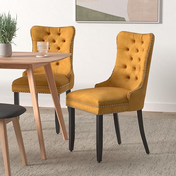 Velvet Dining Chairs Set of 2, Upholstered Dining Room Chairs with Back Ring Pull Trim and Solid Wood Legs,Tufted Wingback Kitchen Chair Perfect for Dining Room,Living Room,Kitchen(Gold)