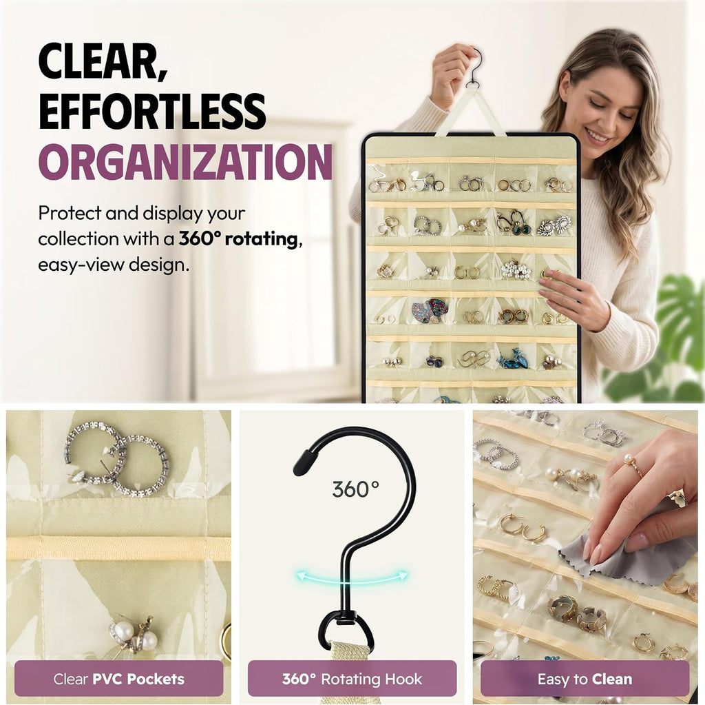 Hanging Jewelry Organizer 34.7 x 17.2 inches XL Size with Clear Pockets & Hooks – Double-Sided Necklace, Earrings & Rings Storage Holder – Space-Saving Closet Organizer for Women