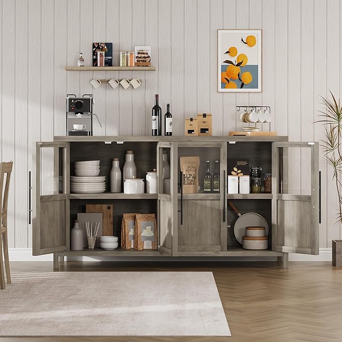 GarveeHome Sideboard Buffet Cabinet with 4 Glass Doors, 55" Buffet Table Coffee Bar Wine Bar Display Cabinet for Kitchen Dining Room, Living Room (Grey, Glass with 4 Doors)