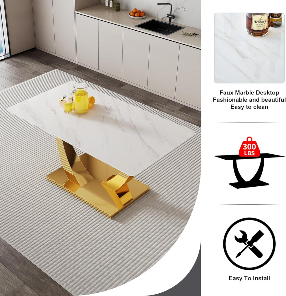 White and Gold Dining Table Set for 4, Faux Marble Dining Room Table Set for ...