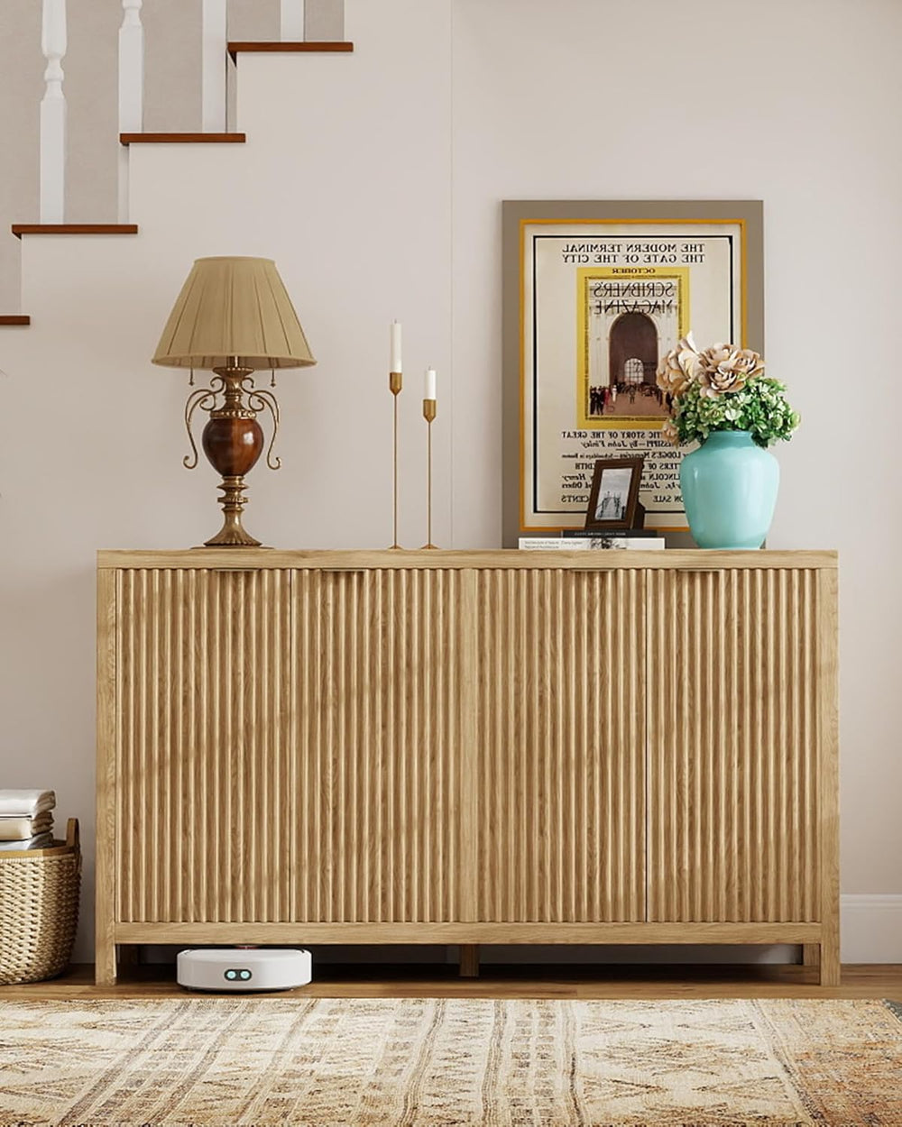 Real Relax Fluted Sideboard Buffet Cabinet with Storage, 55" Modern Side...