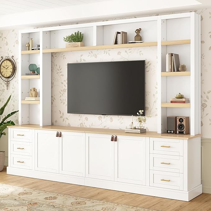 Merax 102.3 Inch Wide Farmhouse Entertainment Center, Rustic TV Stand with 6 Drawers & Adjustable Shelves, Large Media Console for TVs up to 75", Modern Bookshelves Wall Unit, White
