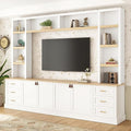 Merax 102.3 Inch Wide Farmhouse Entertainment Center, Rustic TV Stand with 6 Drawers & Adjustable Shelves, Large Media Console for TVs up to 75", Modern Bookshelves Wall Unit, White