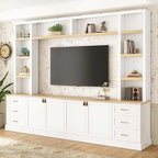 Merax 102.3 Inch Wide Farmhouse Entertainment Center, Rustic TV Stand with 6 Drawers & Adjustable Shelves, Large Media Console for TVs up to 75", Modern Bookshelves Wall Unit, White