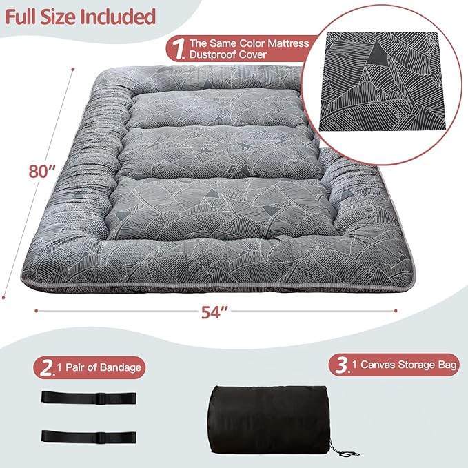 MAXYOYO Japanese Floor Mattress Futon Mattress, 4" Thicken Tatami Mat Sleeping Pad Foldable Roll Up Mat Boys Girls Dormitory Pad Kids Floor Lounger Pillow Bed, Charcoal Grey, Queen Size