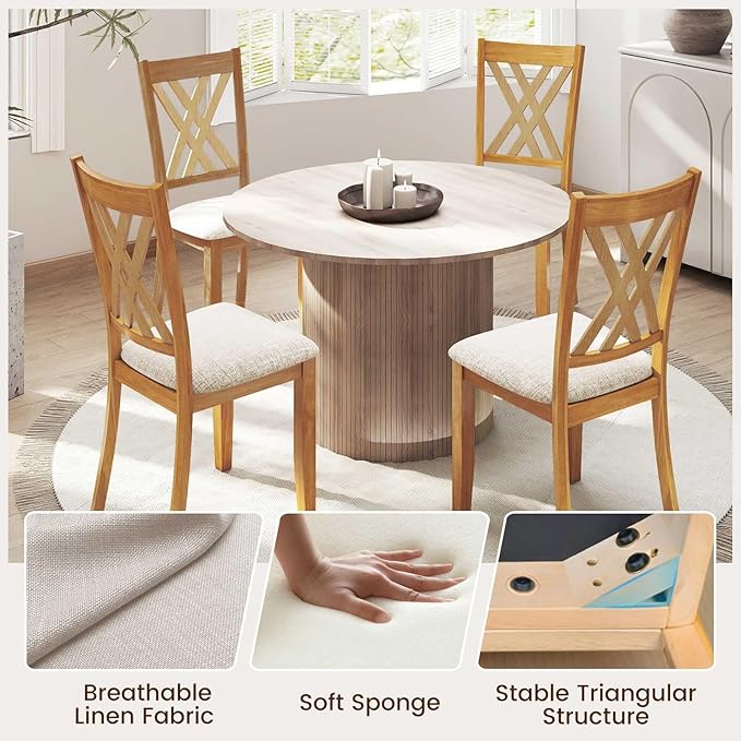 Giantex Wooden Dining Chairs Set of 2, Linen Fabric Upholstered Kitchen Chair w/Rubber Wood Frame, Wide Padded Seat, Curved Cross Back, Farmhouse Side Chairs for Dining Living Room Restaurant