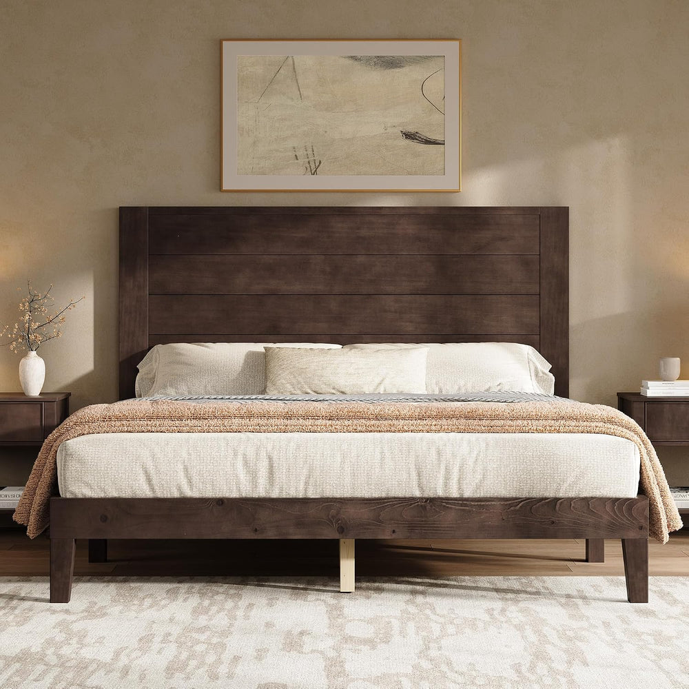 AMERLIFE Queen Size Solid Wood Bed Frame with 48" Headboard Design, Walnut