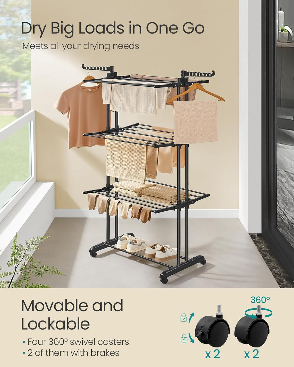SONGMICS Clothes Drying Rack Stand 4-Tier, Foldable Laundry Drying Rack 68.1-Inch Tall, Stainless Steel, Rolling Clothes Horses Dryer Rack, Easy to Assemble, Indoor Outdoor Use, Ink Black ULLR701B01