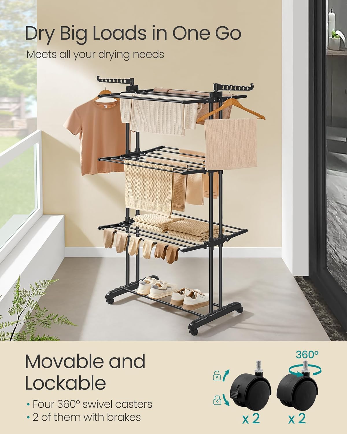 SONGMICS Clothes Drying Rack Stand 4-Tier, Foldable Laundry Drying Rack 68.1-Inch Tall, Stainless Steel, Rolling Clothes Horses Dryer Rack, Easy to Assemble, Indoor Outdoor Use, Ink Black ULLR701B01
