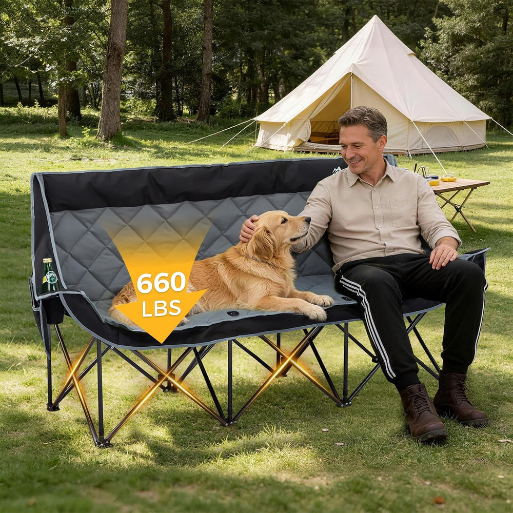 Padded 3 Person Camping Chair Oversized Camping Couch, Heavy Duty Folding Dou...