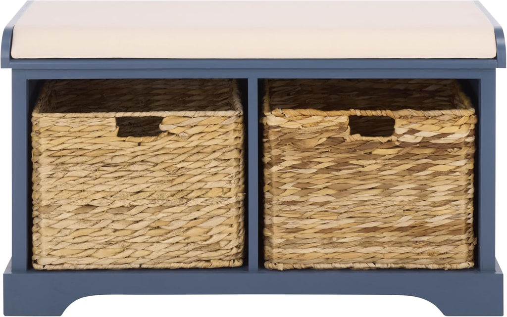 SAFAVIEH Furniture - Freddy 2-Basket Storage Bench - Blue - Solid Wood - Coastal Basket Storage Design - Ideal for Entryway, Living Room, Hallway, 18" Seat Height - Fully Assembled (AMH5736K)