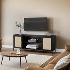 Rattan TV Stand for TVs up to 75'' Boho Entertainment Center with Adjustable Shelf Television Stand with 2 Storage Cabinets Media Console Wooden TV Cabinet for Living Room Bedroom,Black