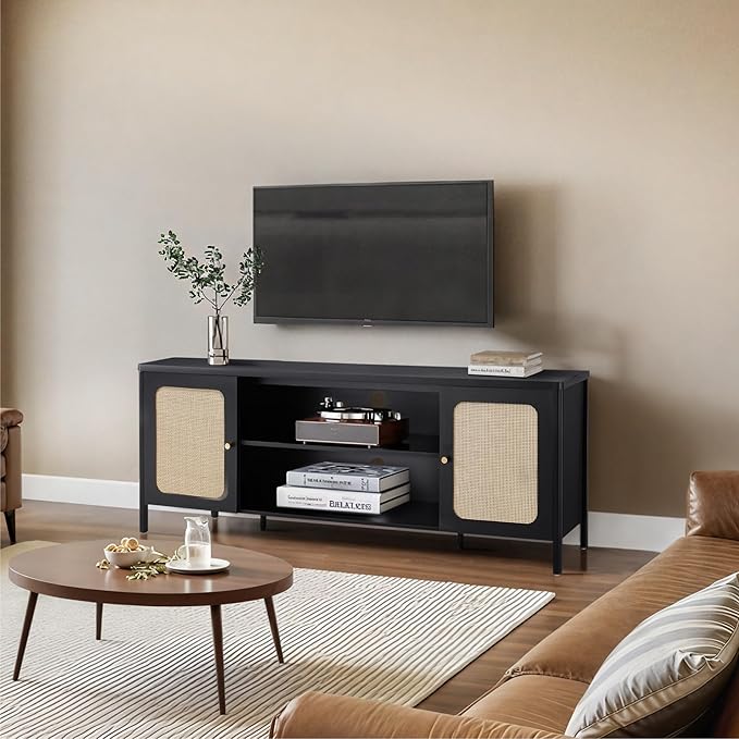 Rattan TV Stand for TVs up to 75'' Boho Entertainment Center with Adjustable Shelf Television Stand with 2 Storage Cabinets Media Console Wooden TV Cabinet for Living Room Bedroom,Black