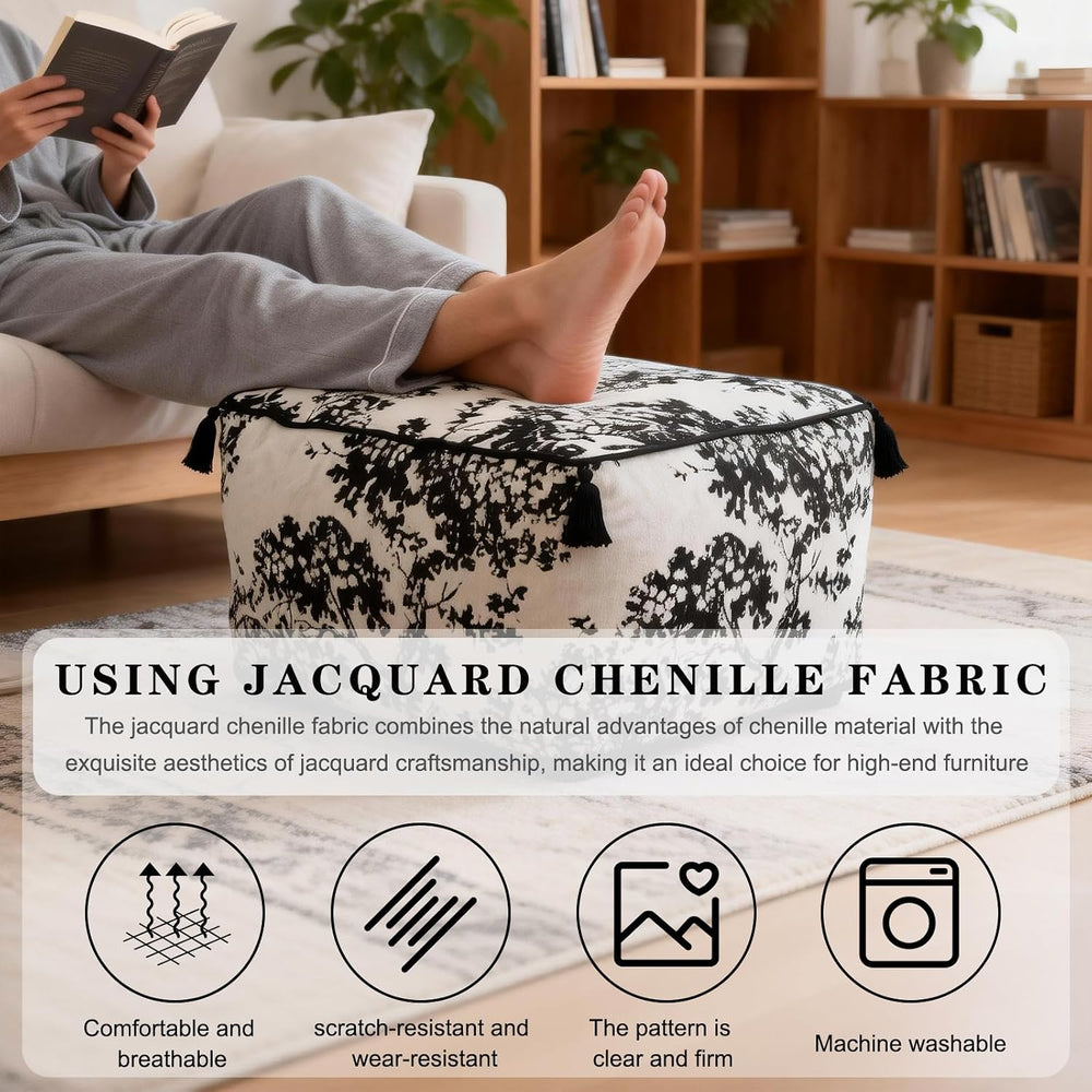 Chenille Square Pouf Ottoman - Foot Stool for Living Room & Bedroom | Sof...