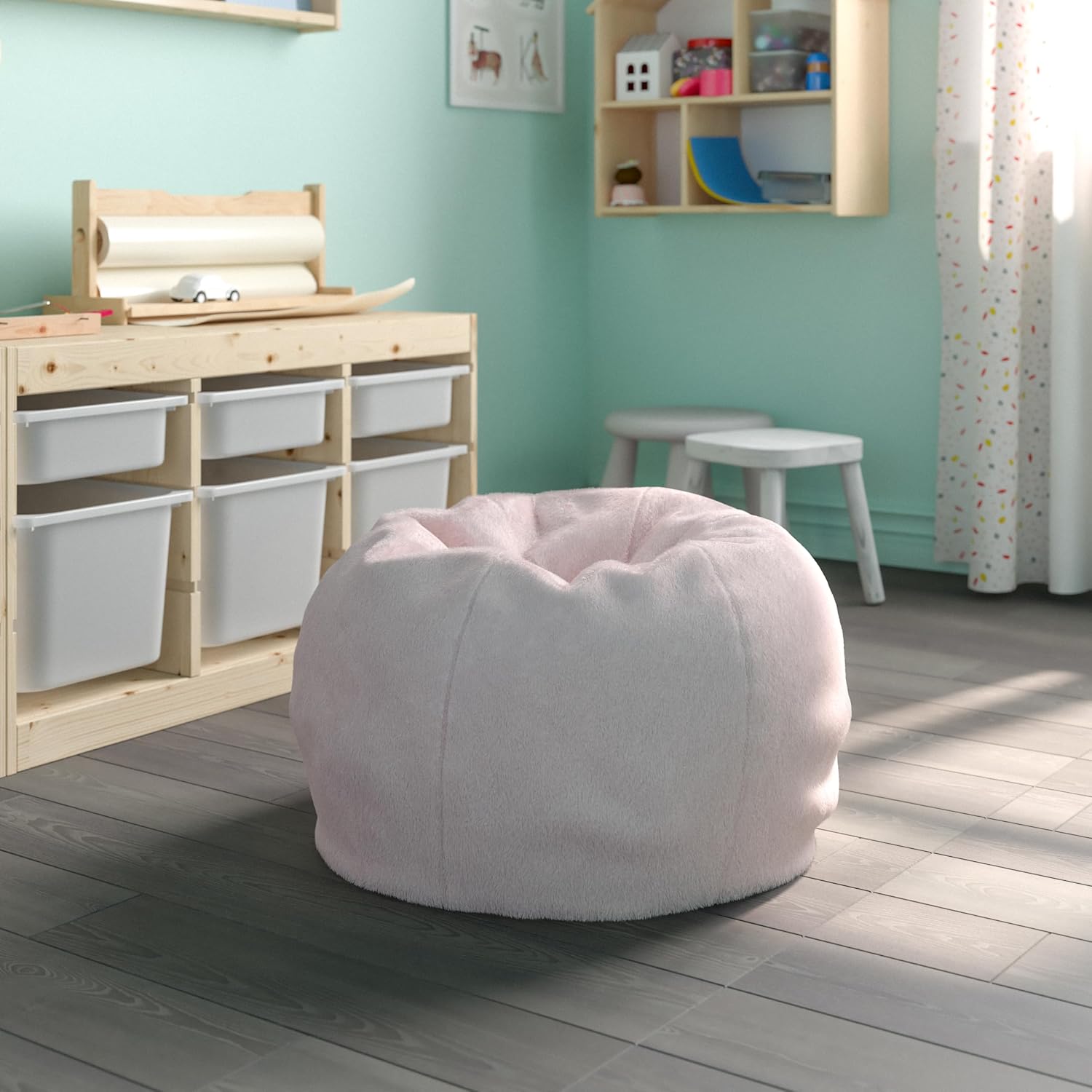 EMMA + OLIVER Daisy Small Blush Furry Bean Bag Chair for Kids and Teens