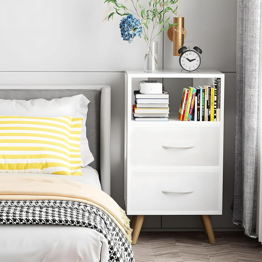 Aenuert Night Stand, White Nightstand with Fabric Drawers, Wooden Side Table ...