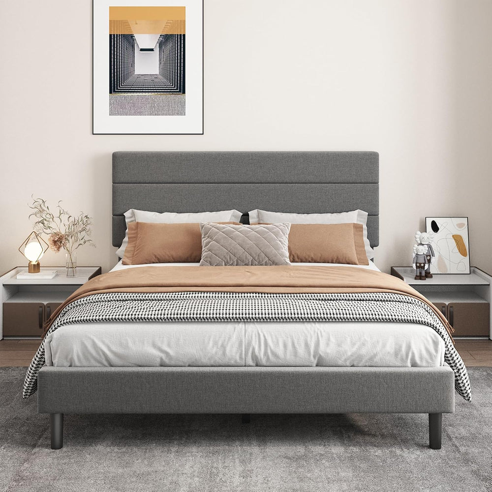 Queen Platform Bed Frame with Adjustable Linen Fabric Upholstered Headboard, ...